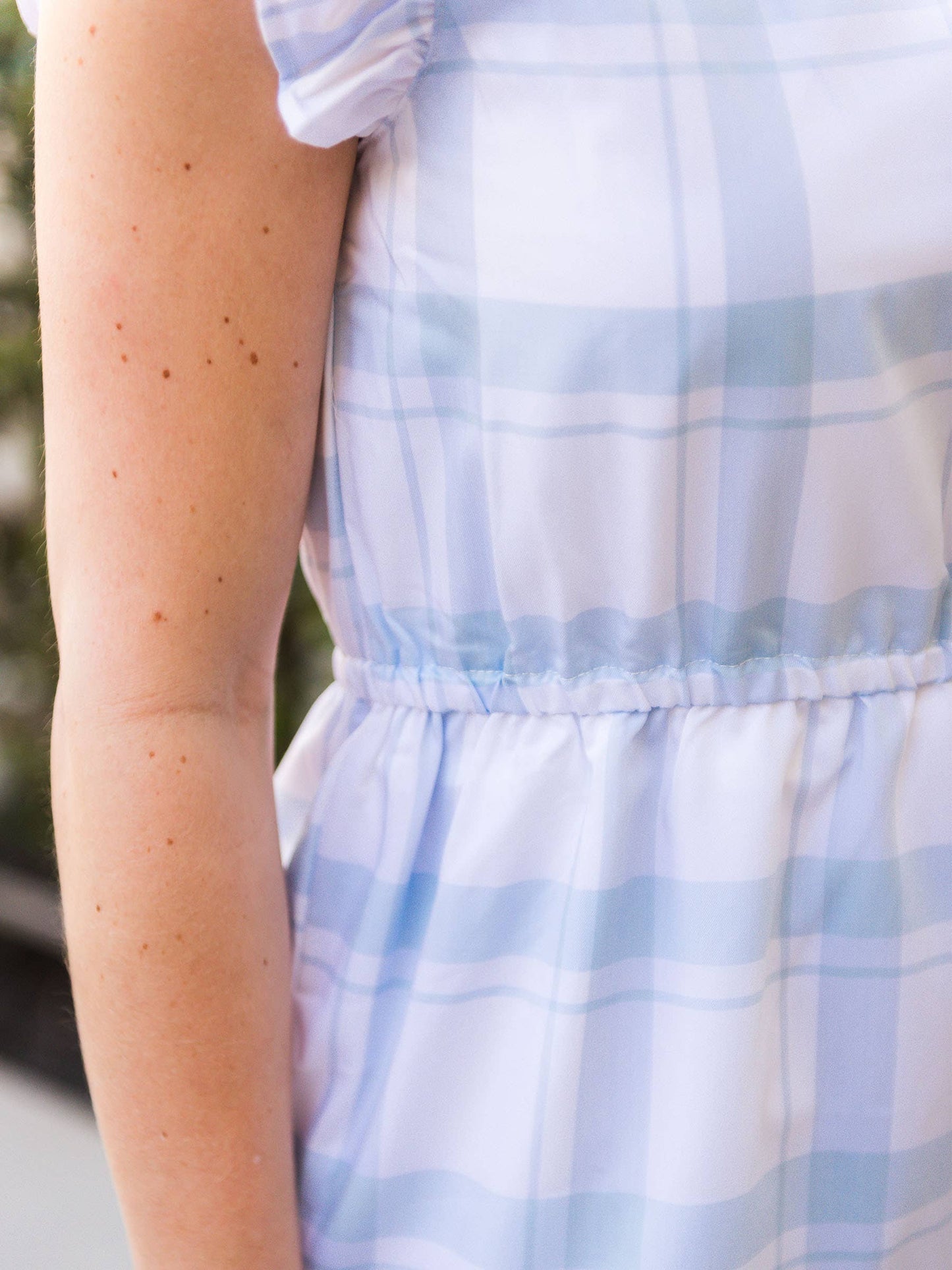 Women's Light Blue Windowpane Tiered Short Dress
