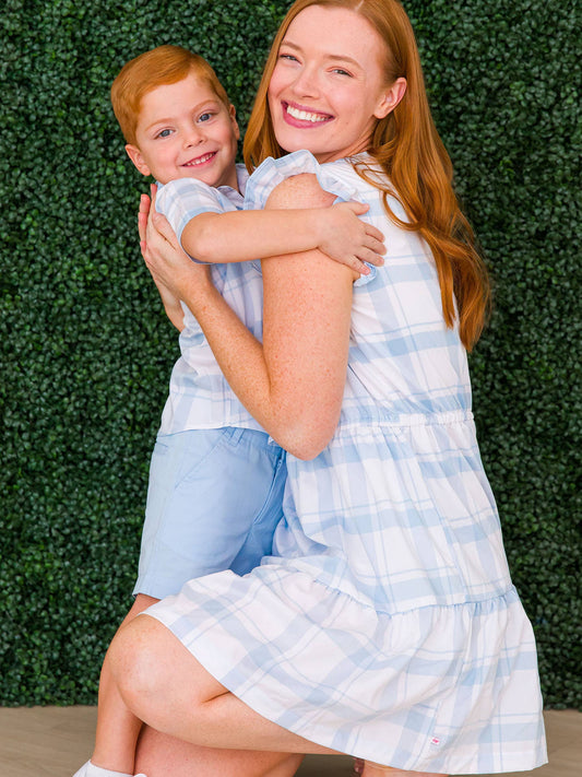 Women's Light Blue Windowpane Tiered Short Dress