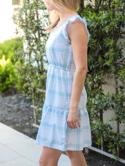 Women's Light Blue Windowpane Tiered Short Dress