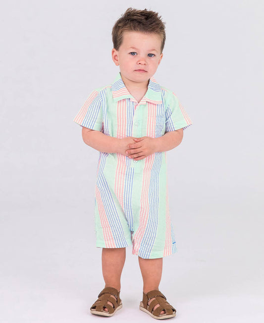 Baby Boys Multi-Color Seersucker Short Sleeve Woven Button-Up Romper