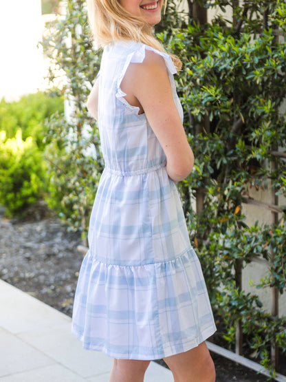 Women's Light Blue Windowpane Tiered Short Dress